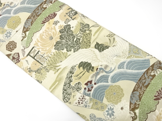 JAPANESE KIMONO / ANTIQUE MARU OBI / WOVEN SCROLL & CRANE & FLOWERS